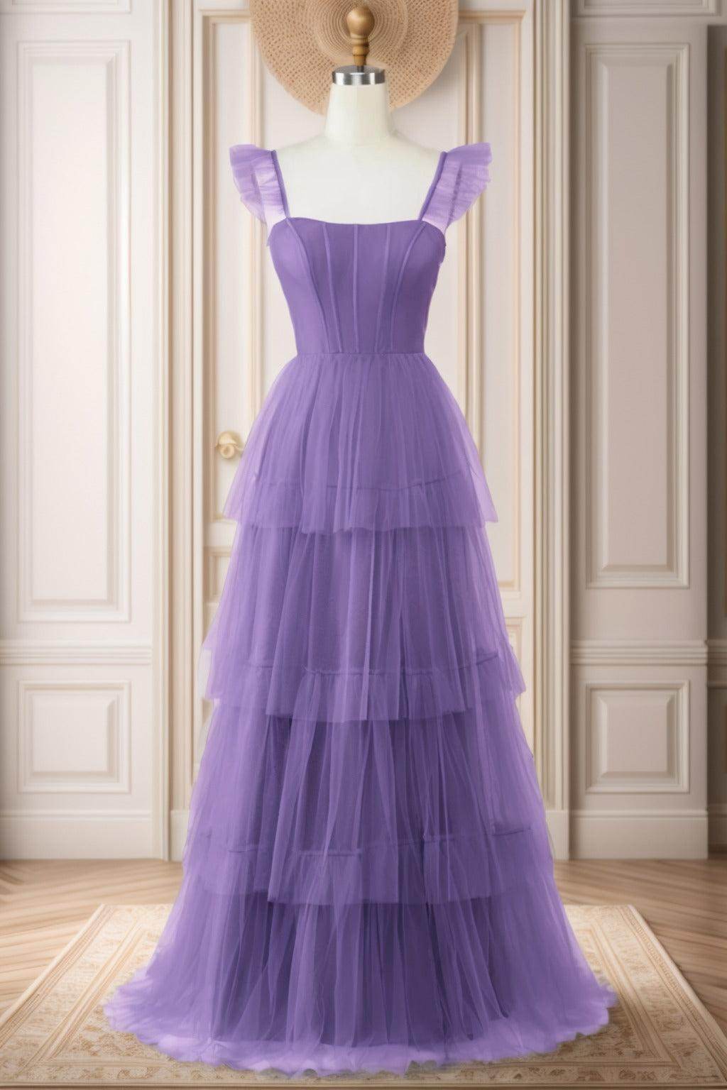 A-Line Sweep-Brush Train Tulle Prom Dress CS0471