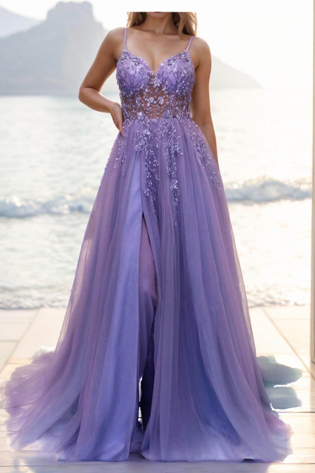 A-line Sweep-Brush Train Tulle Prom Dress CS0402