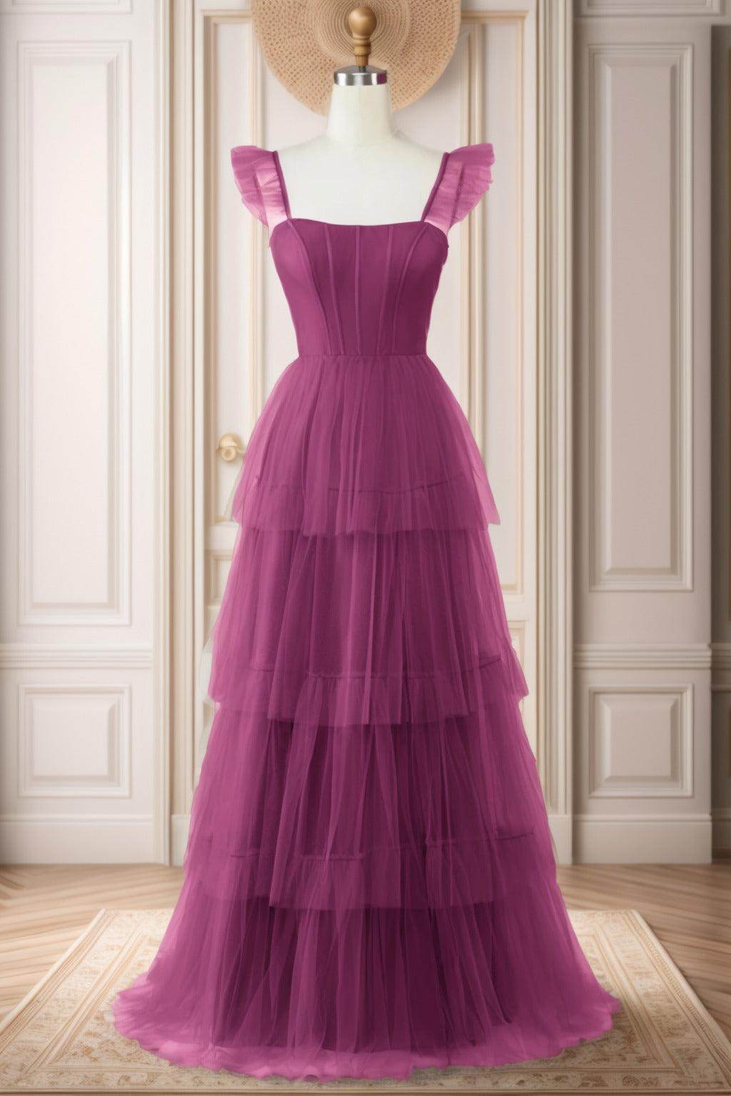A-Line Sweep-Brush Train Tulle Prom Dress CS0471