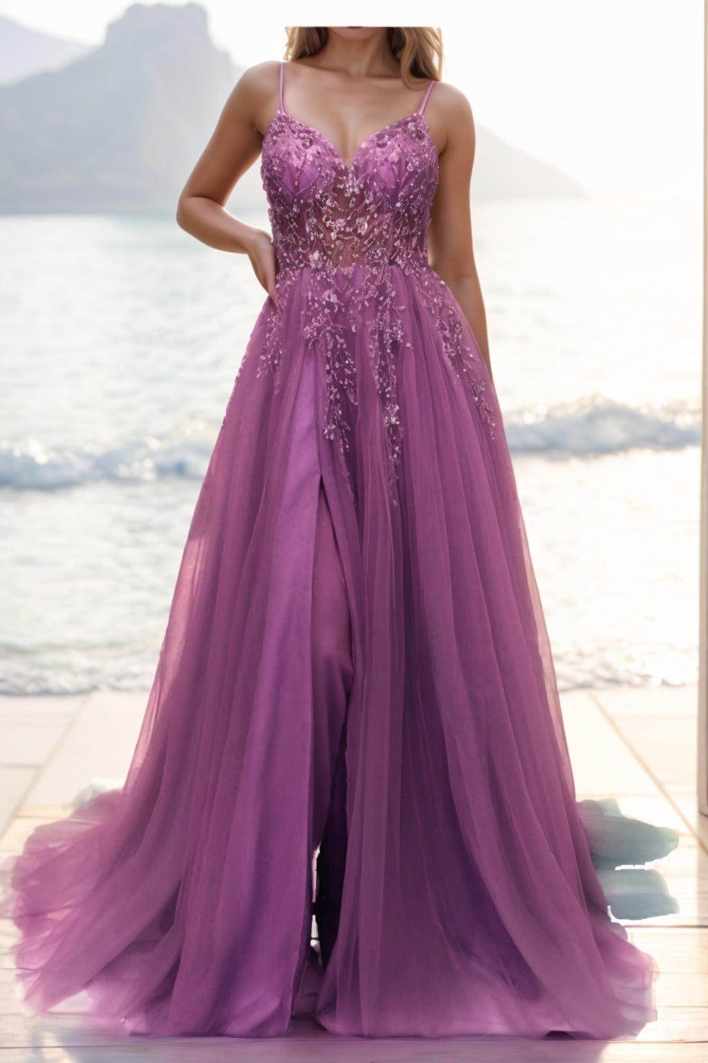 A-line Sweep-Brush Train Tulle Prom Dress CS0402