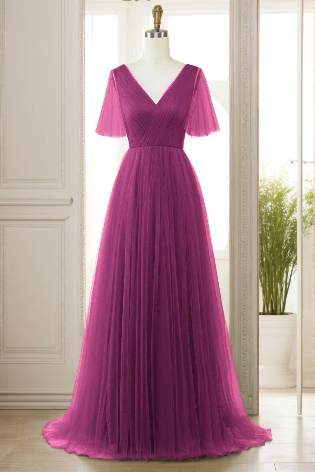 A-Line Sweep-Brush Train Tulle Prom Dress CS0472