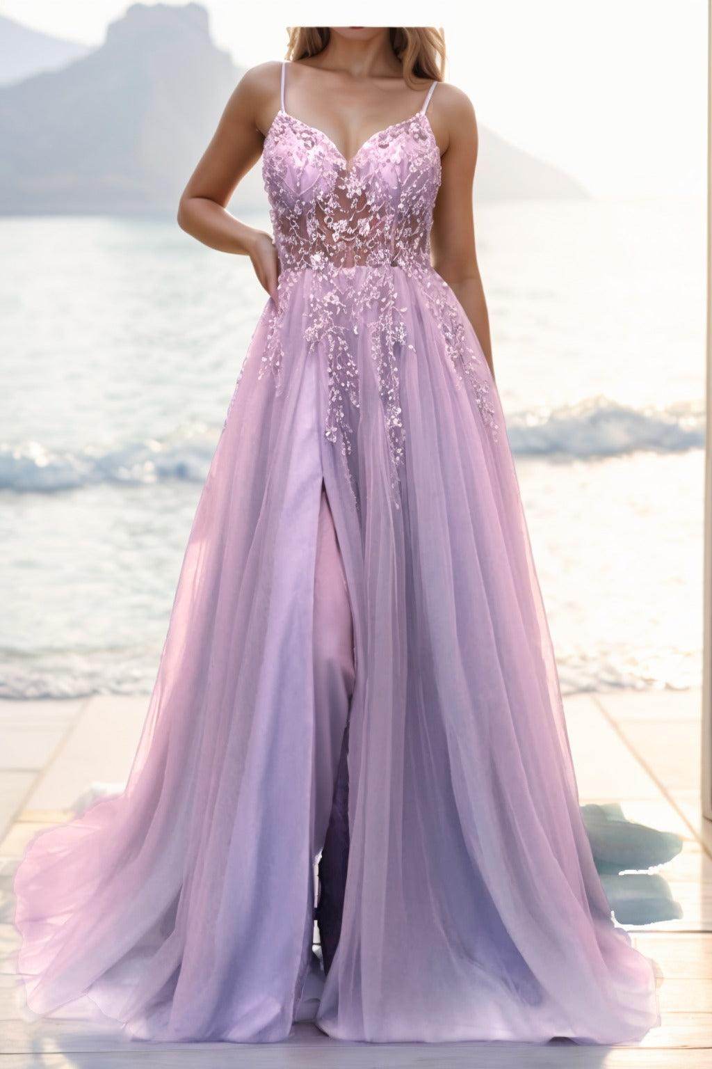 A-line Sweep-Brush Train Tulle Prom Dress CS0402