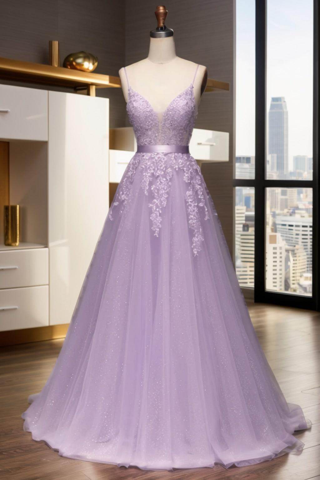 A-Line Sweep-Brush Train Tulle Prom Dress CS0464