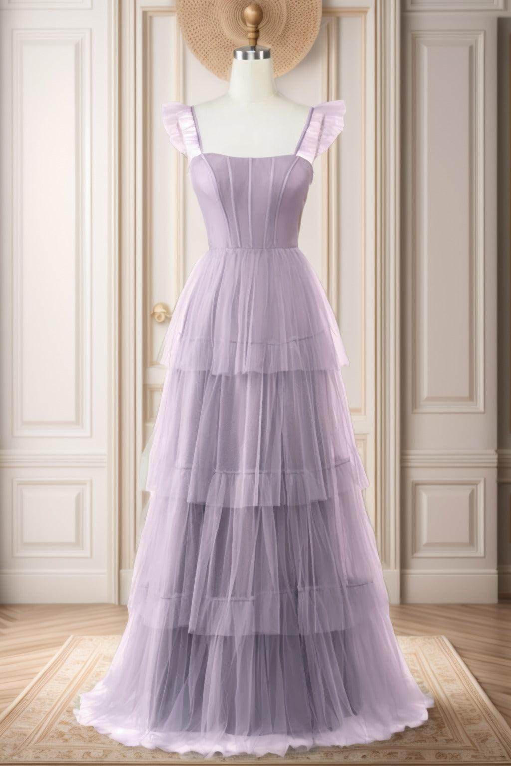 A-Line Sweep-Brush Train Tulle Prom Dress CS0471