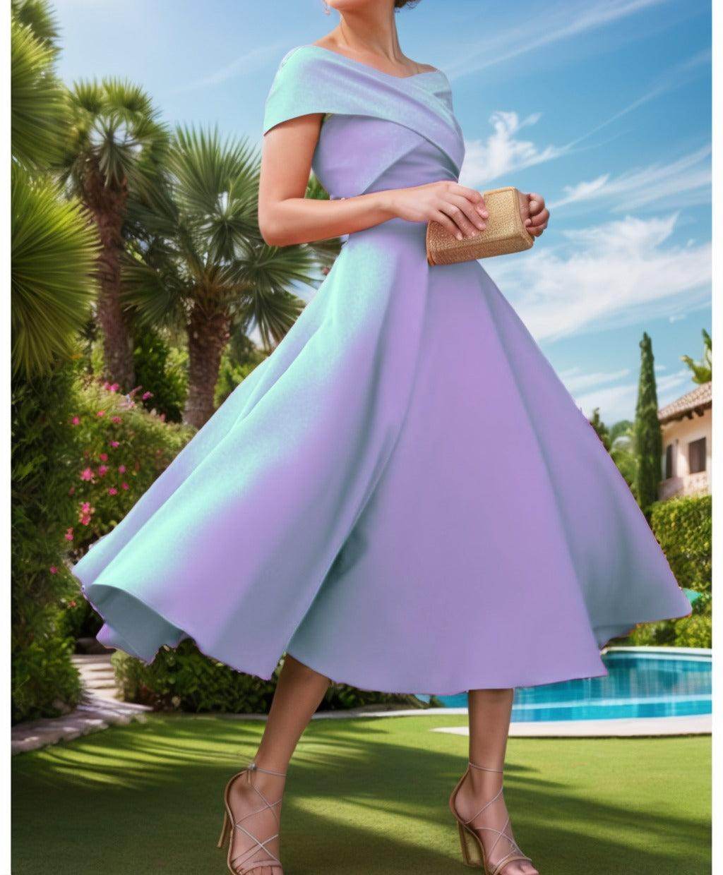 A-Line Tea Length Satin Prom Dress CS0455