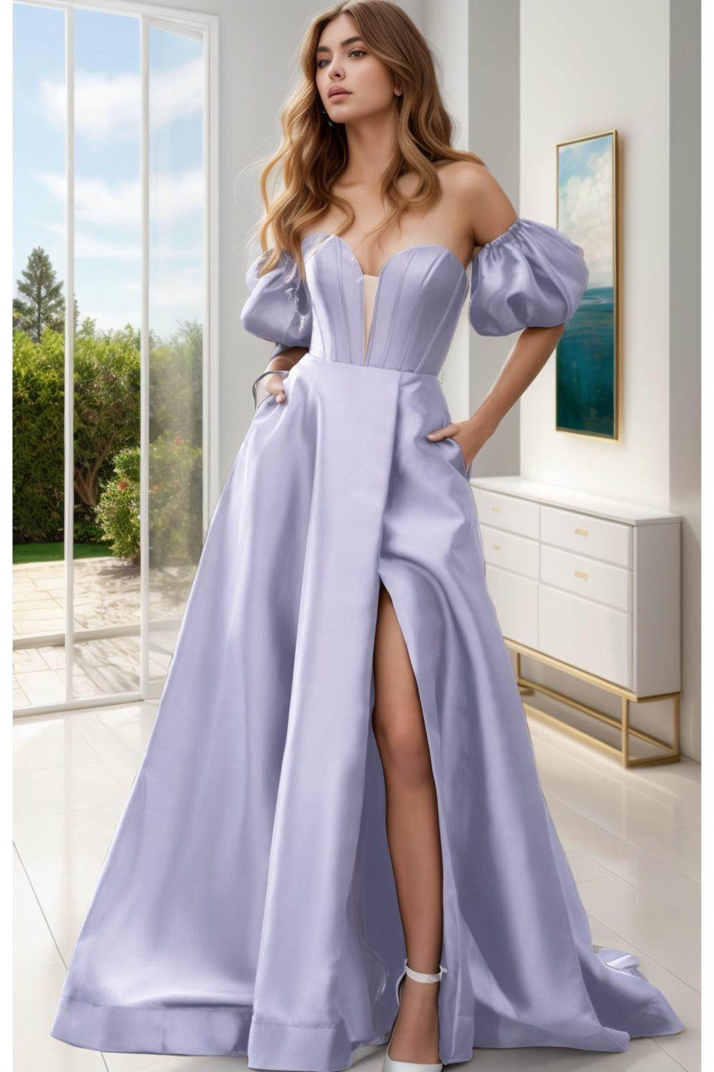 A-Line Sweep-Brush Train Satin Prom Dress CS0448