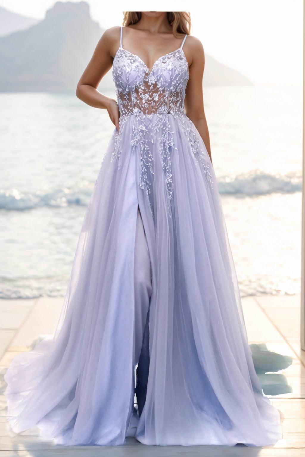 A-line Sweep-Brush Train Tulle Prom Dress CS0402