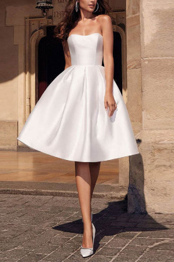 A-Line Knee Length Satin Little White Dress 100053