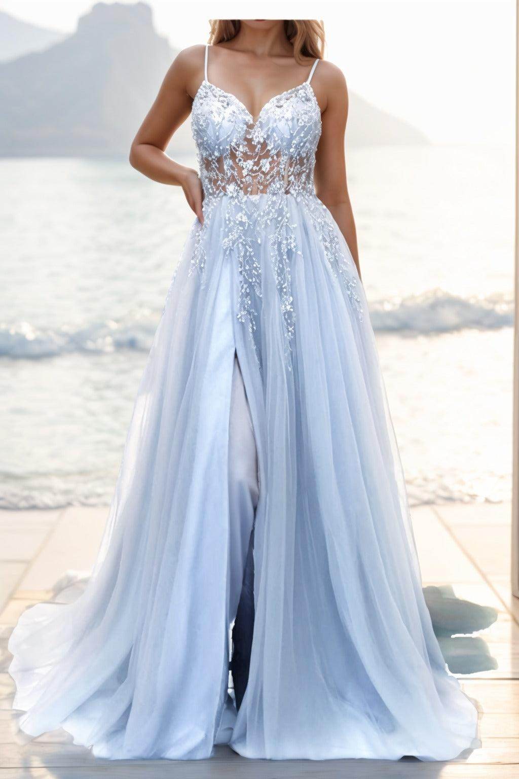 A-line Sweep-Brush Train Tulle Prom Dress CS0402