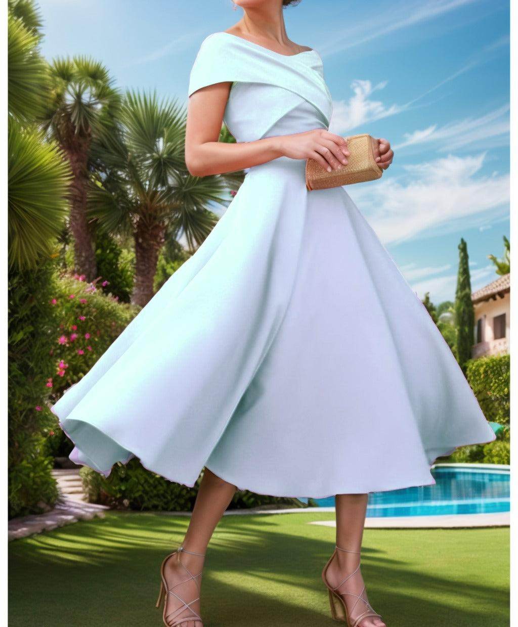 A-Line Tea Length Satin Prom Dress CS0455