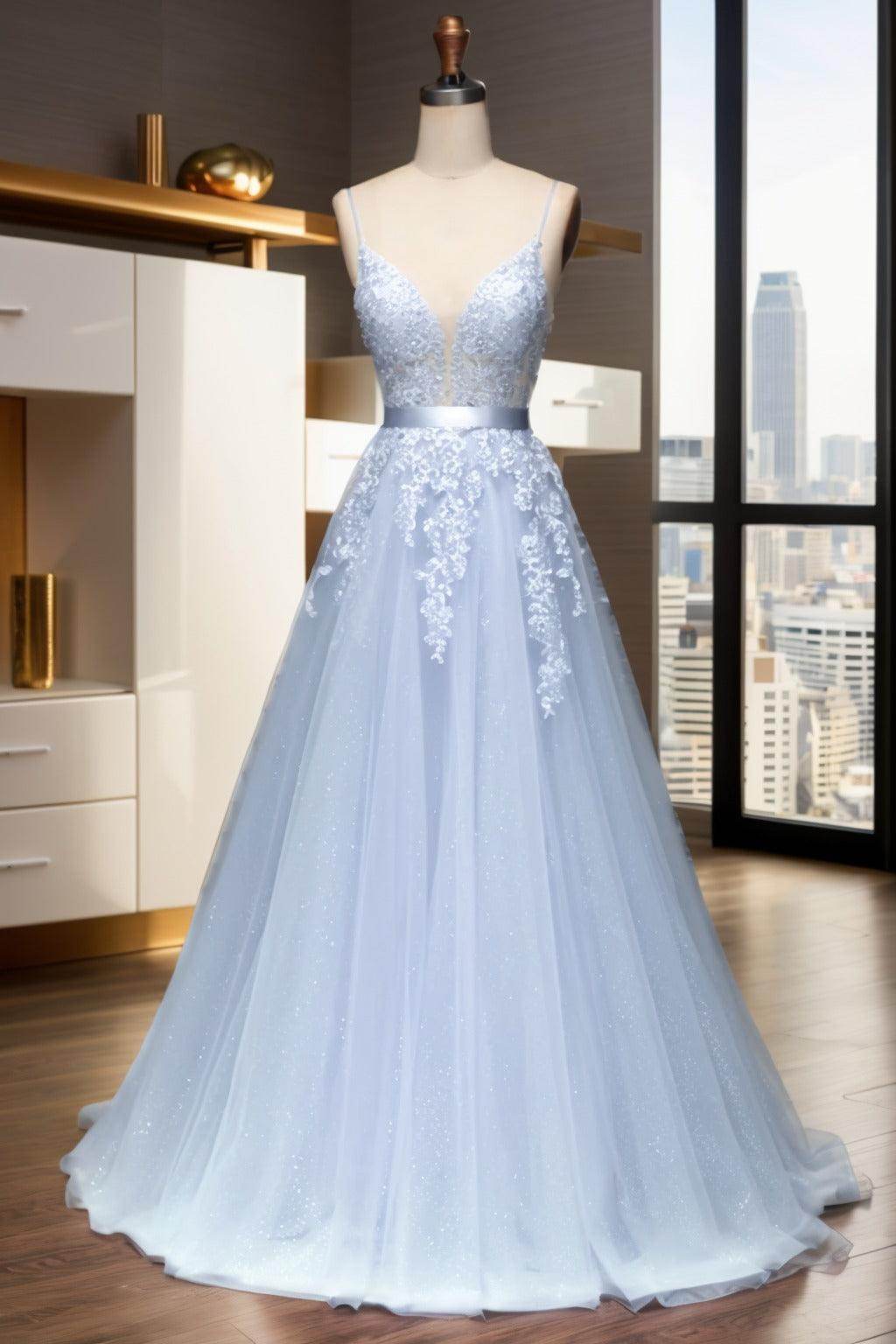 A-Line Sweep-Brush Train Tulle Prom Dress CS0464