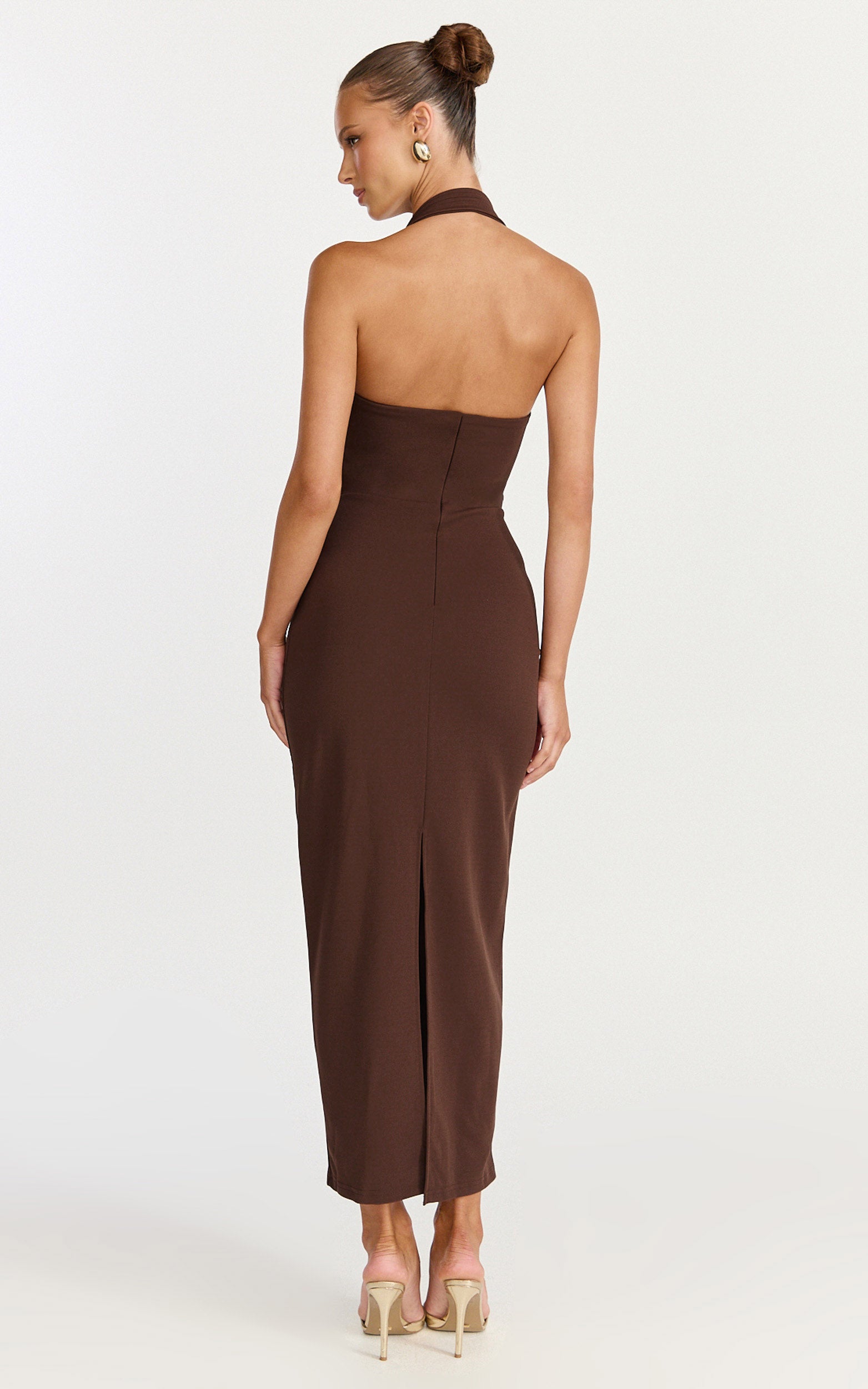 Salome Midi Dress - Halter Neck Column Dress in Chocolate