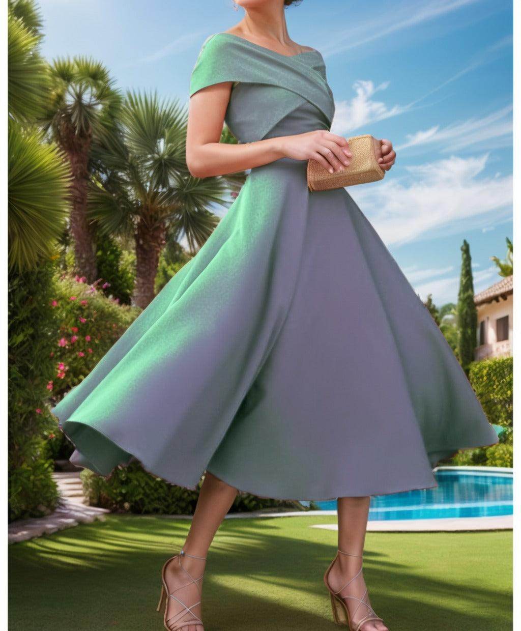 A-Line Tea Length Satin Prom Dress CS0455