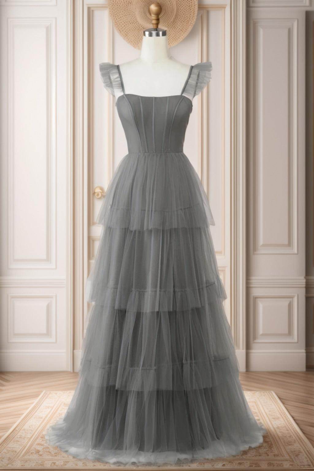 A-Line Sweep-Brush Train Tulle Prom Dress CS0471