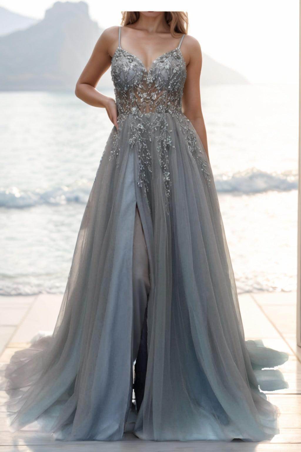 A-line Sweep-Brush Train Tulle Prom Dress CS0402