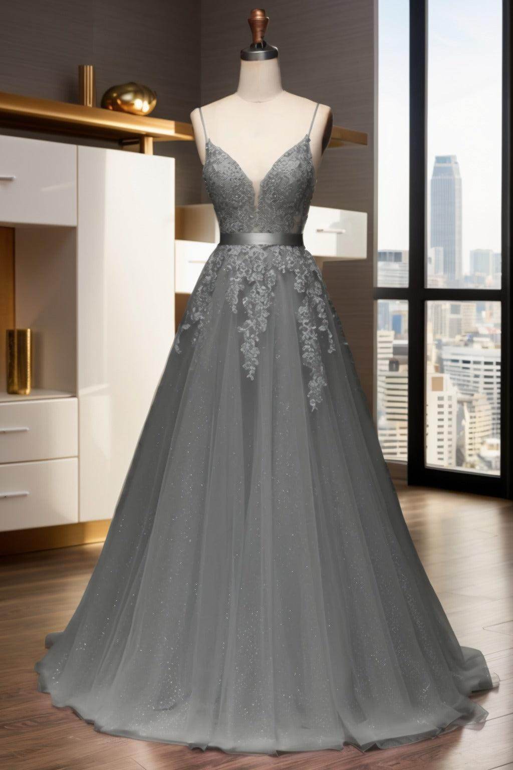 A-Line Sweep-Brush Train Tulle Prom Dress CS0464