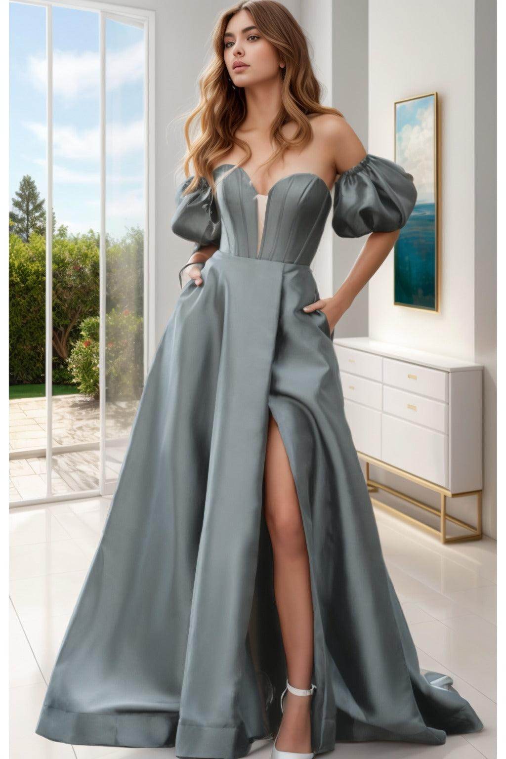 A-Line Sweep-Brush Train Satin Prom Dress CS0448