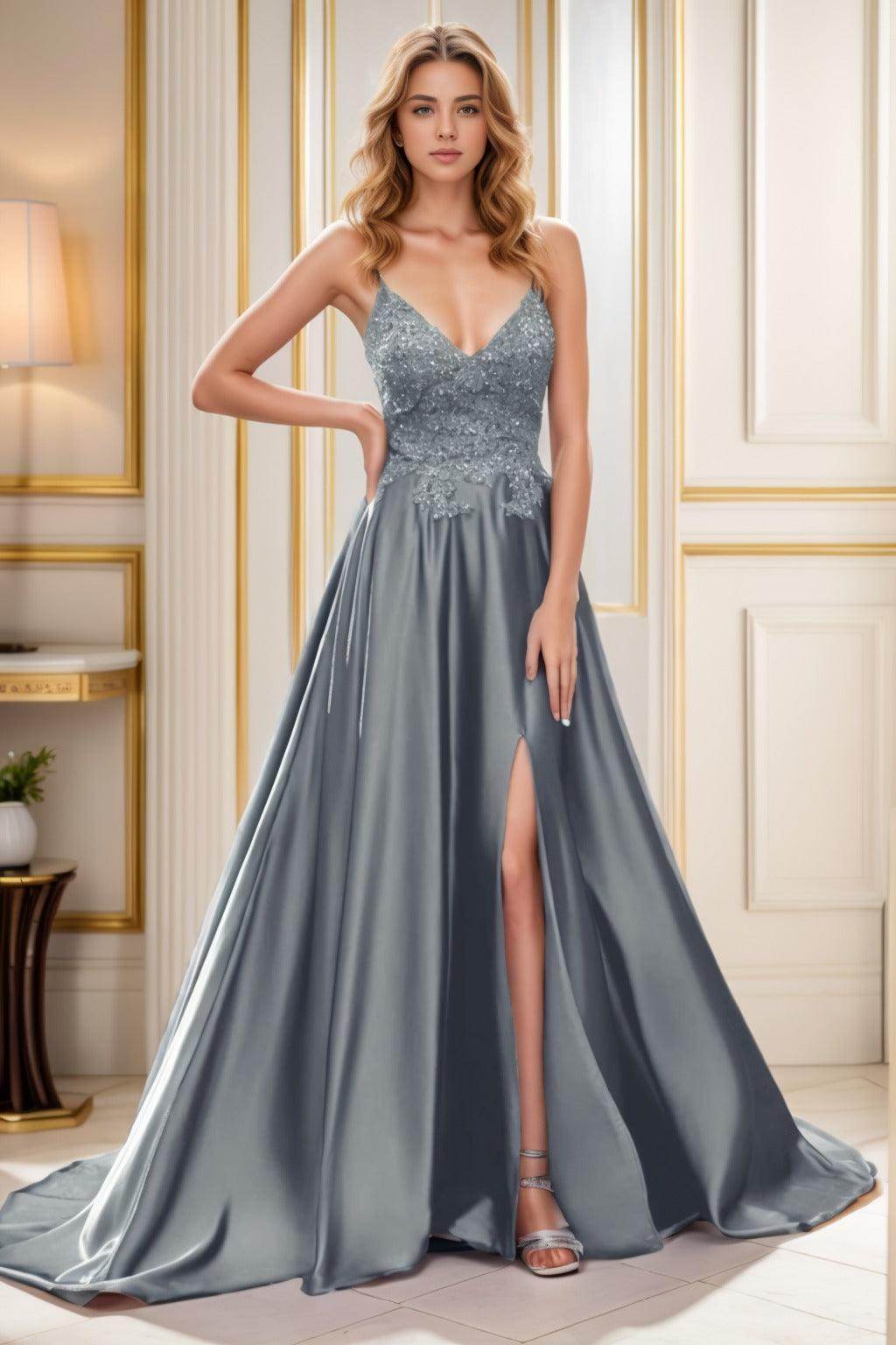 A-Line Court Train Satin Prom Dress CS0460