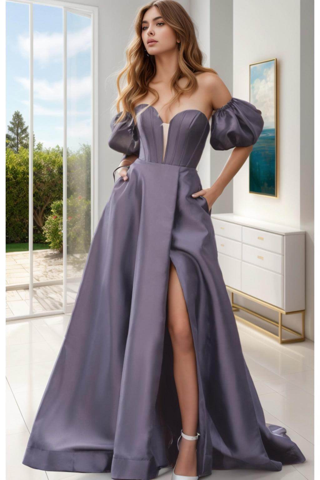 A-Line Sweep-Brush Train Satin Prom Dress CS0448