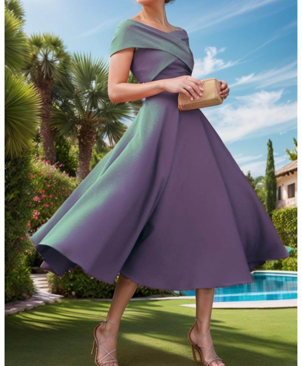 A-Line Tea Length Satin Prom Dress CS0455