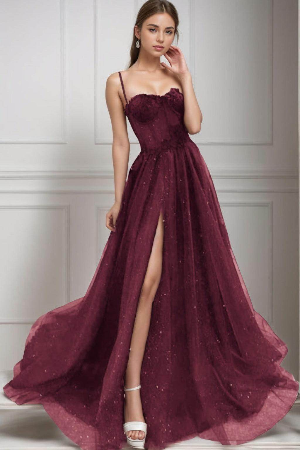 A-Line Sweep-Brush Train Tulle Prom Dress CS0439