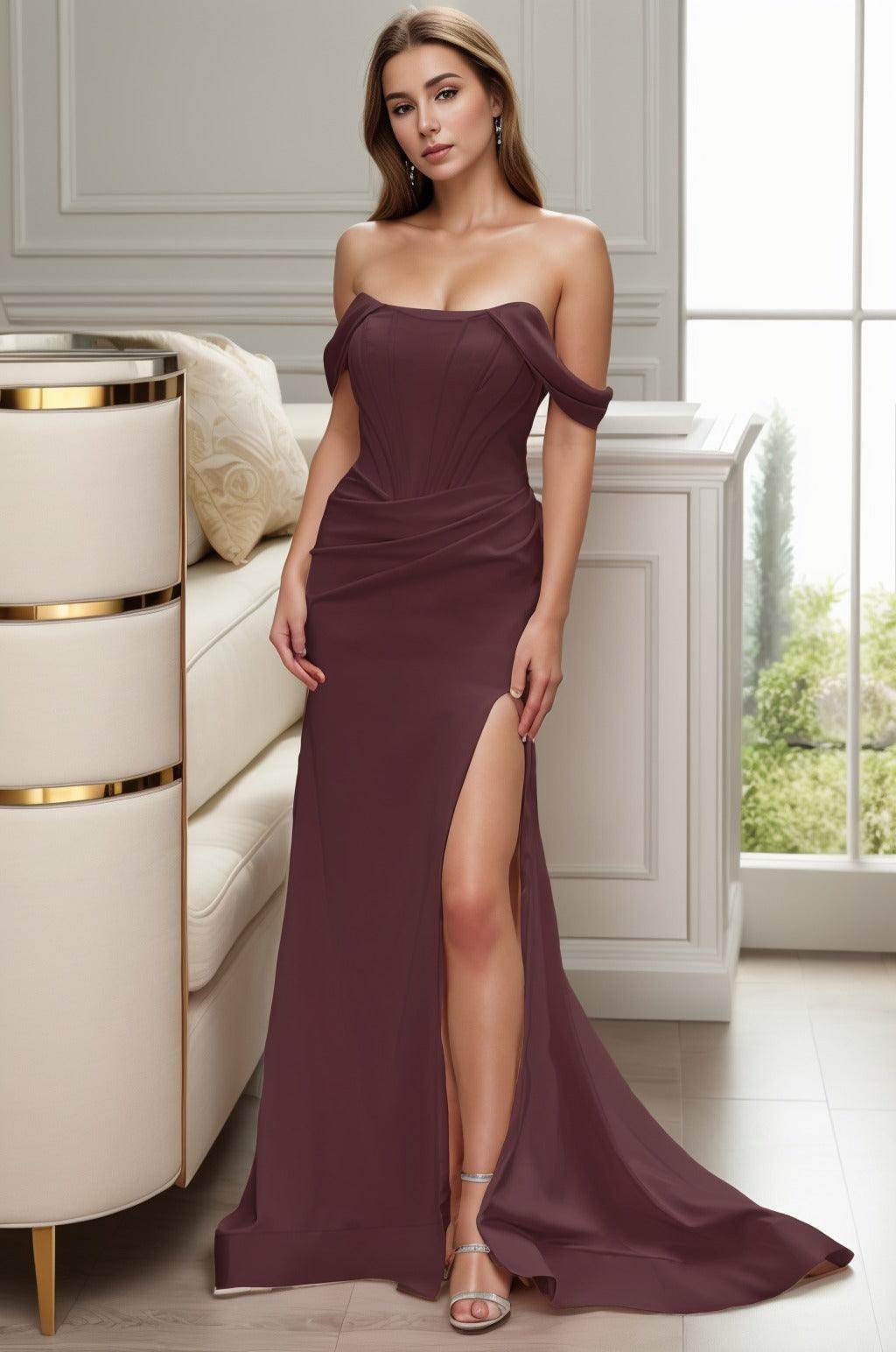 Sheath-Column Sweep-Brush Train Elastic Cloth Prom Dress CS0462