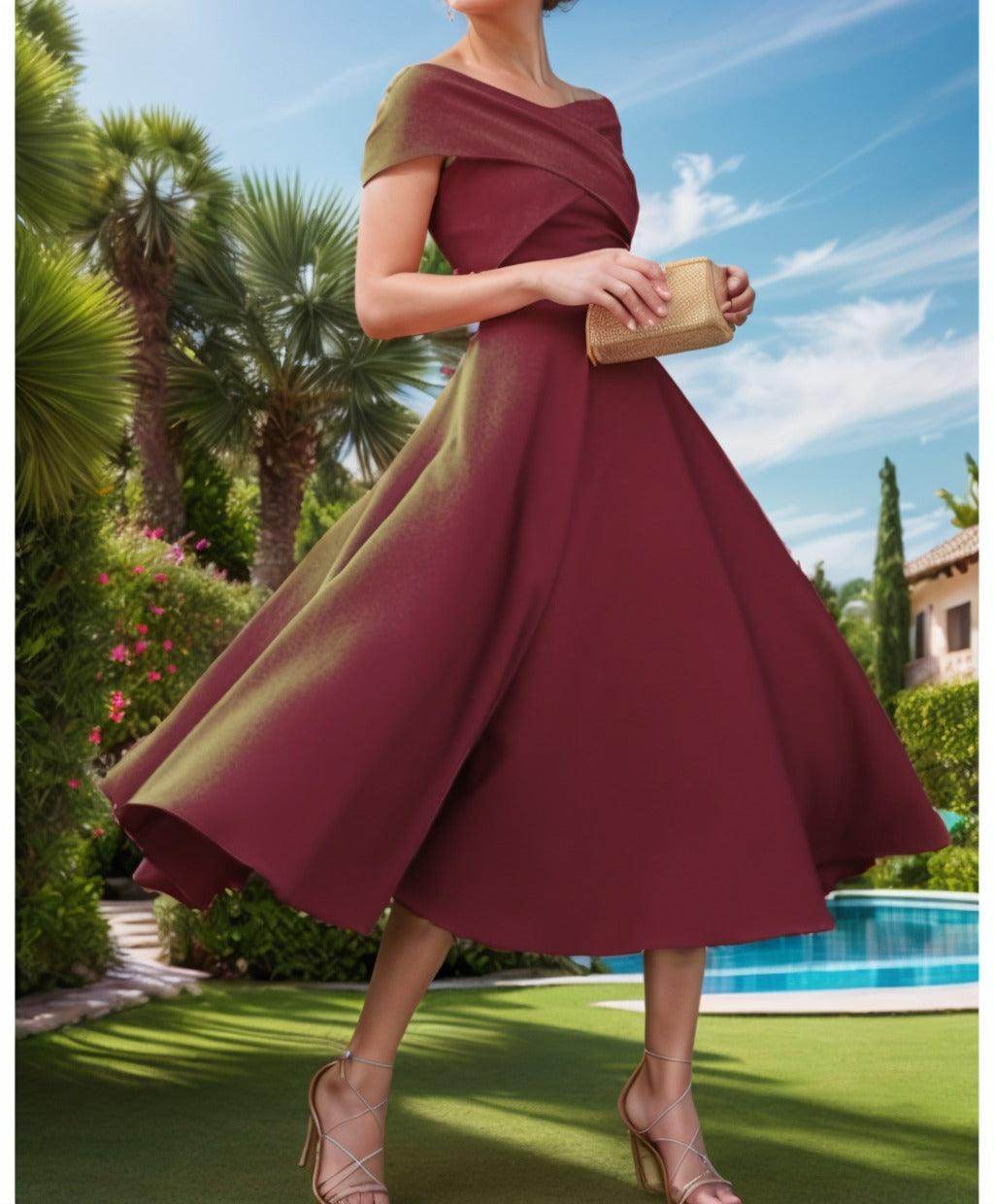 A-Line Tea Length Satin Prom Dress CS0455