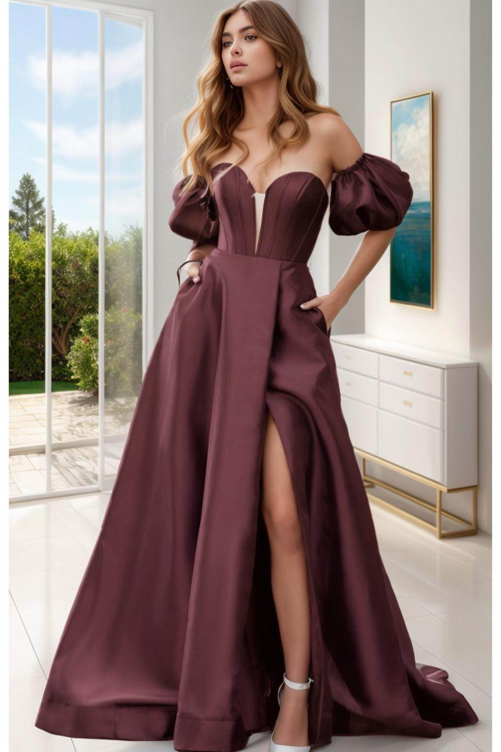 A-Line Sweep-Brush Train Satin Prom Dress CS0448