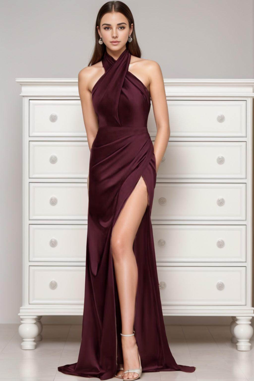Sheath-Column Sweep-Brush Train Silk-Like Prom Dress CS0431