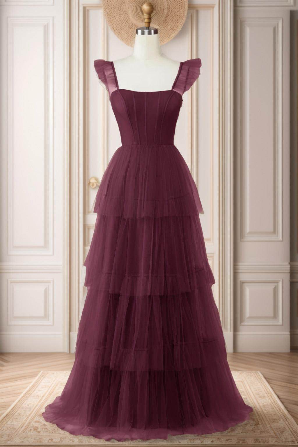 A-Line Sweep-Brush Train Tulle Prom Dress CS0471