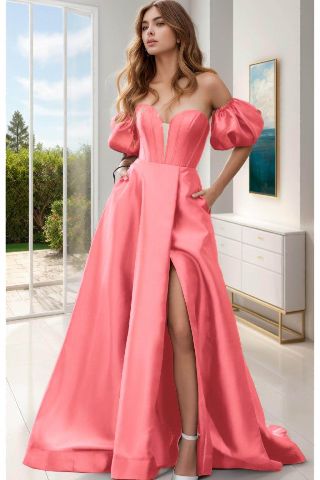 A-Line Sweep-Brush Train Satin Prom Dress CS0448