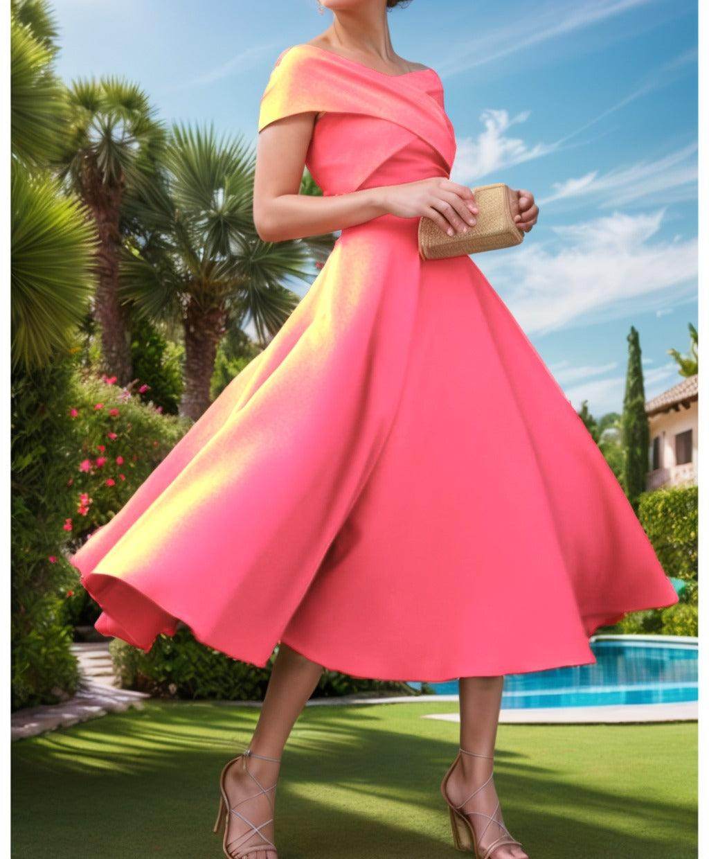 A-Line Tea Length Satin Prom Dress CS0455