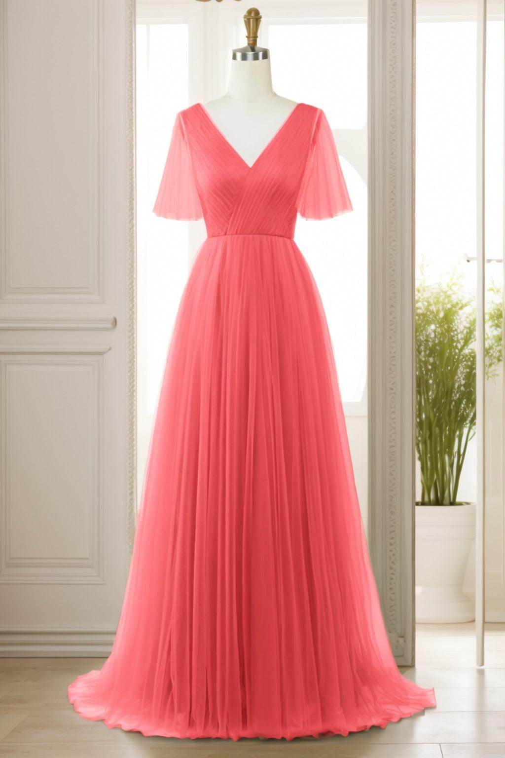A-Line Sweep-Brush Train Tulle Prom Dress CS0472