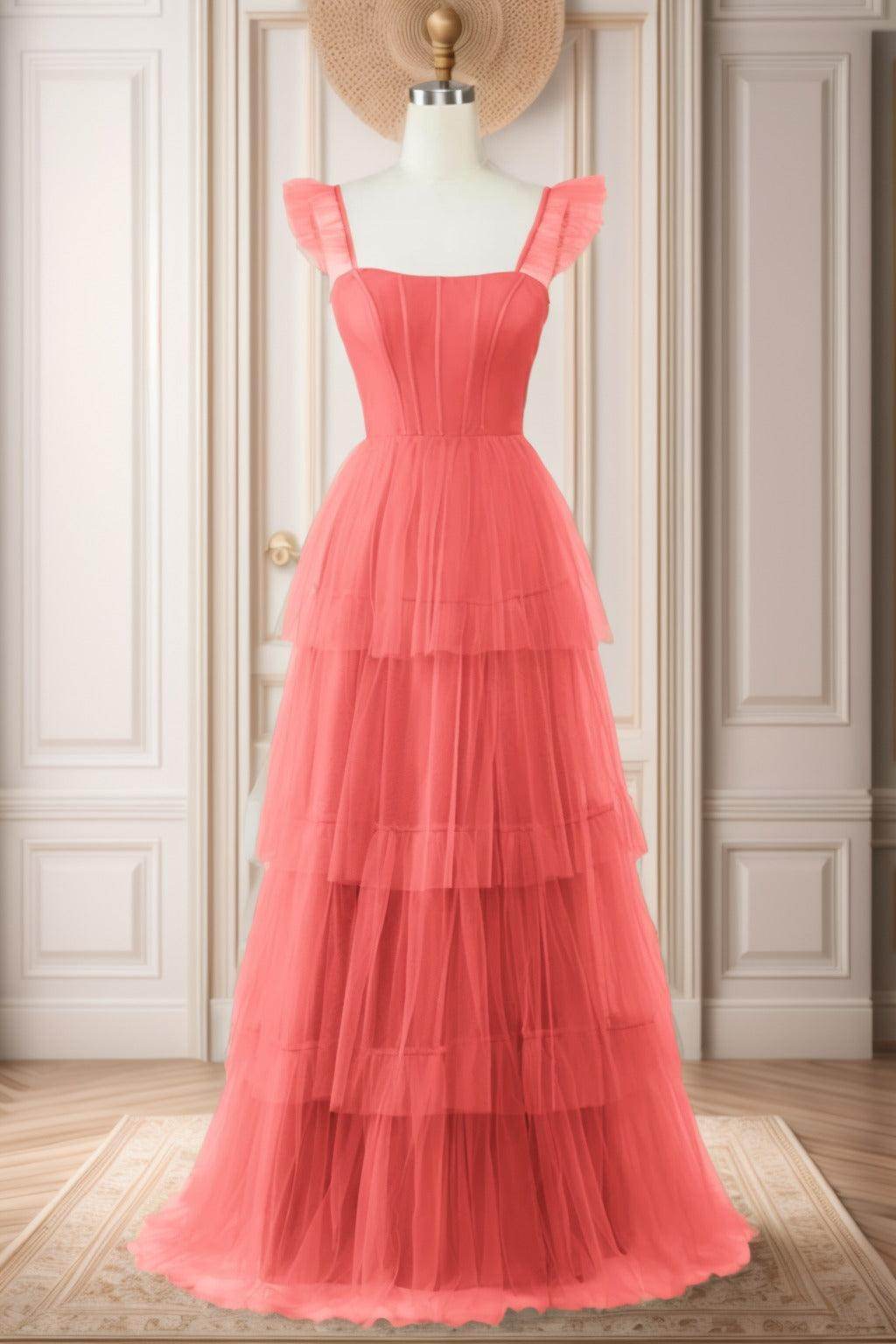 A-Line Sweep-Brush Train Tulle Prom Dress CS0471