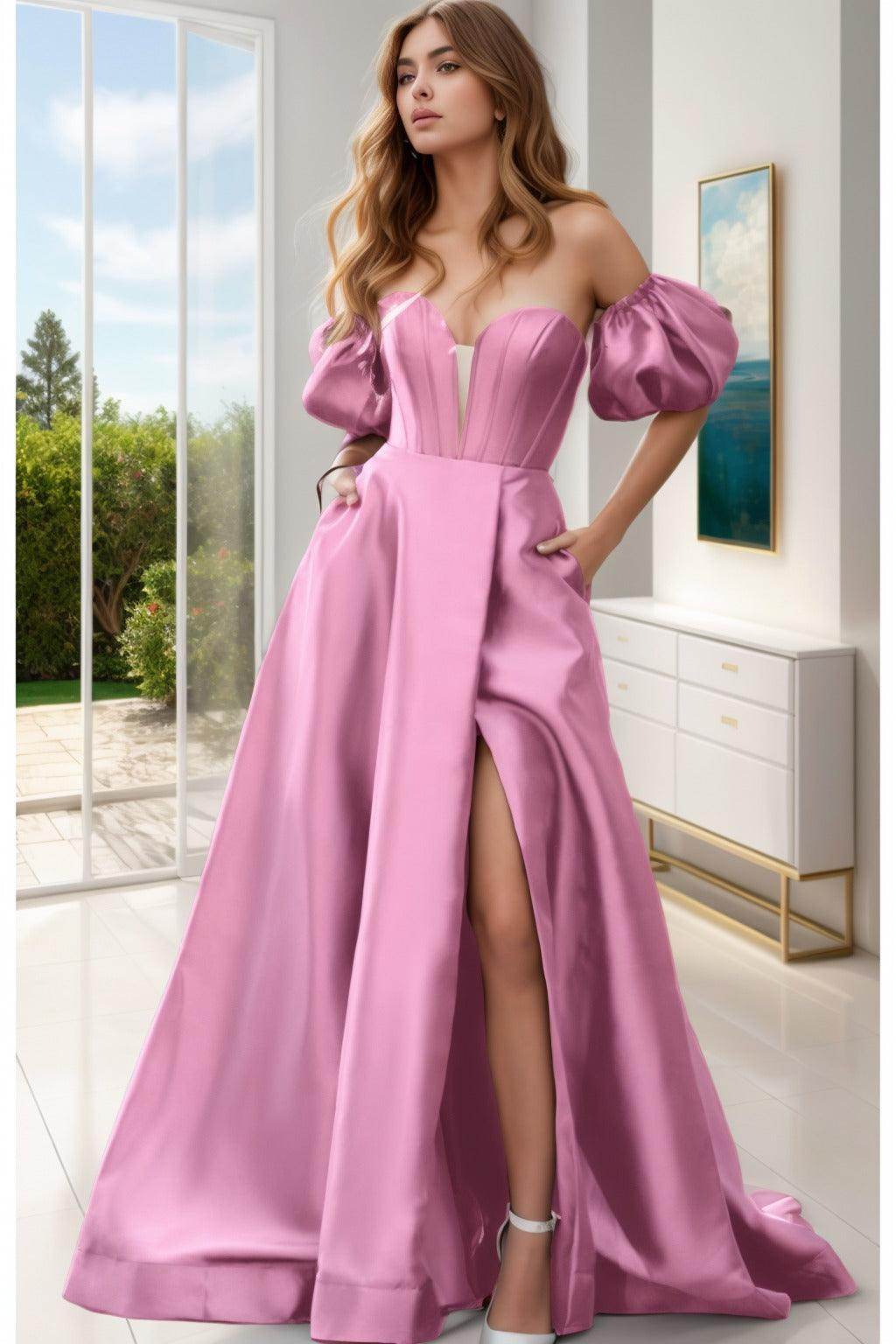 A-Line Sweep-Brush Train Satin Prom Dress CS0448