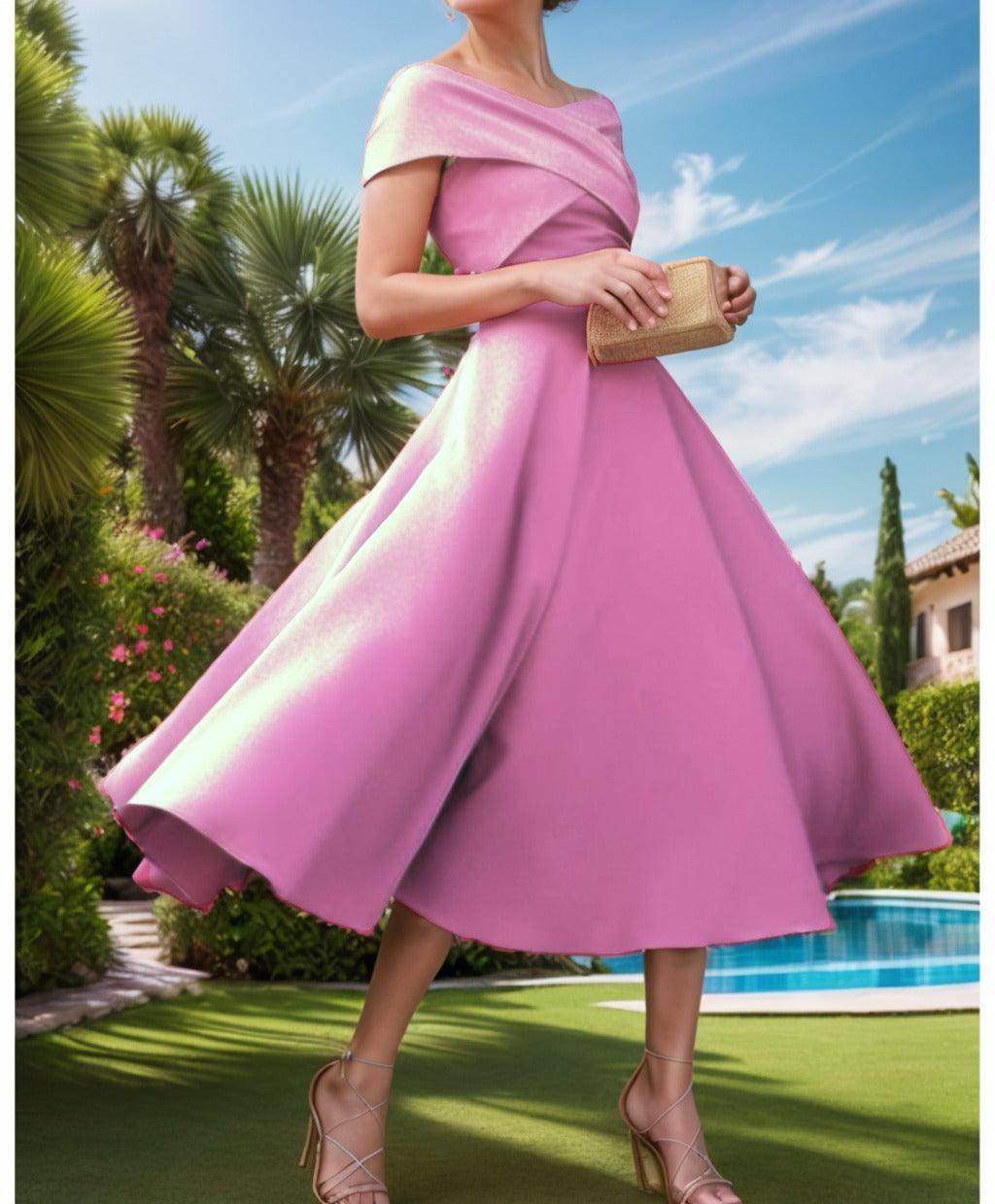A-Line Tea Length Satin Prom Dress CS0455