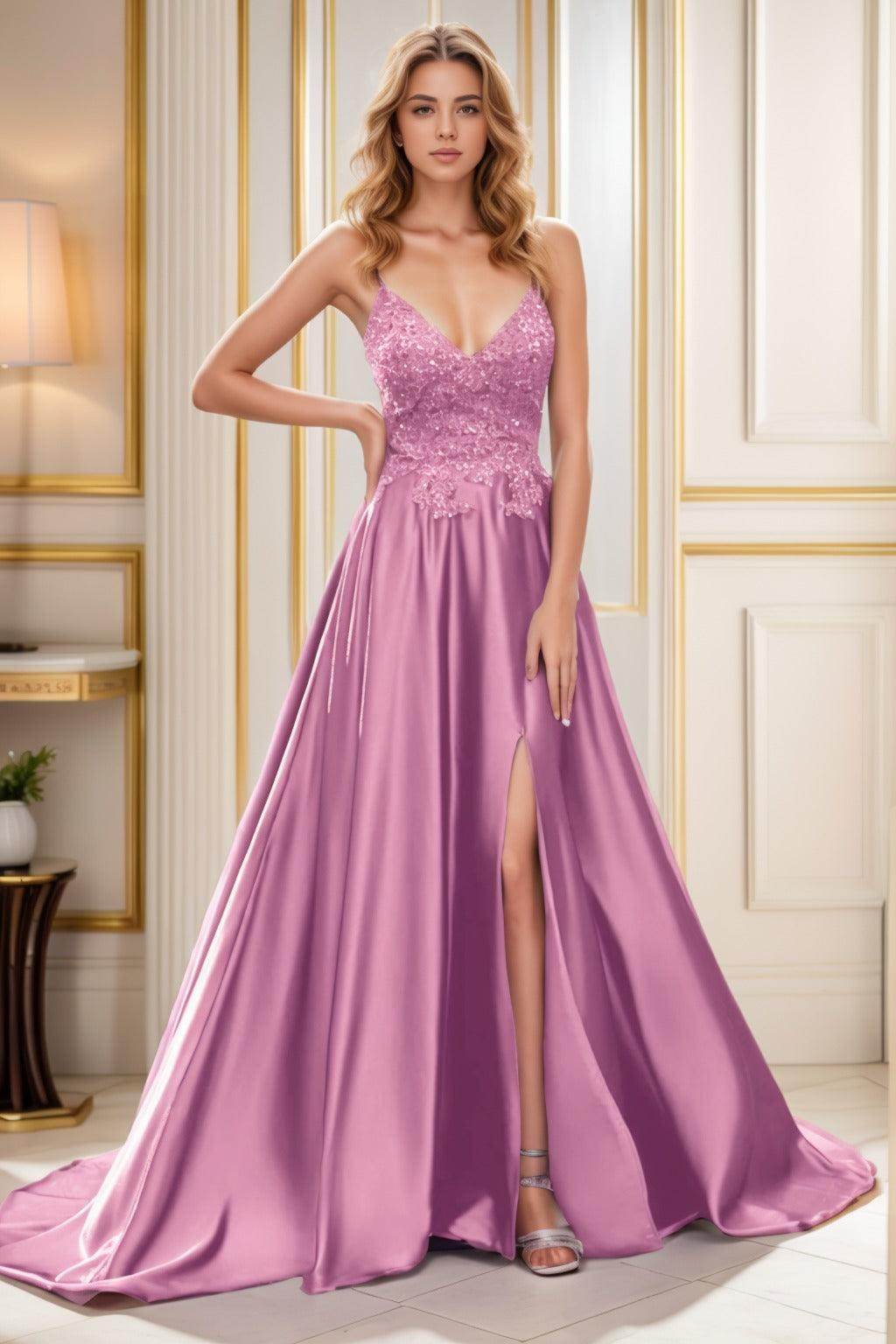 A-Line Court Train Satin Prom Dress CS0460