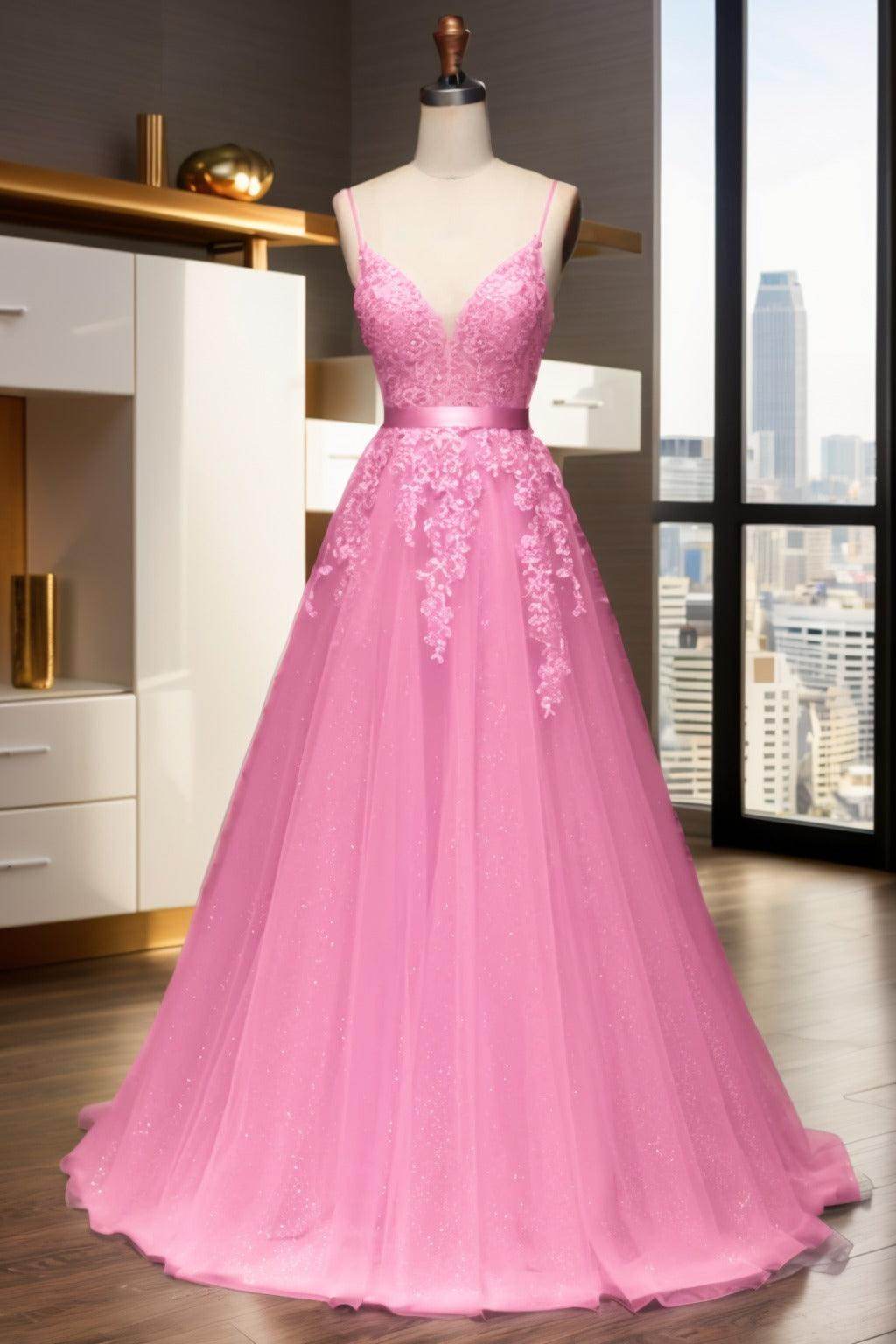 A-Line Sweep-Brush Train Tulle Prom Dress CS0464