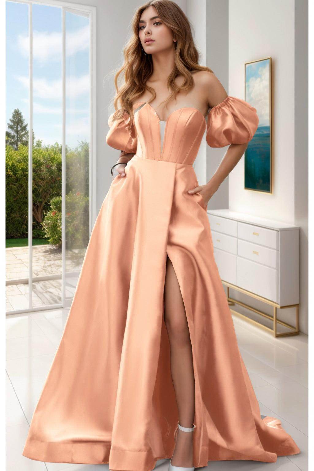 A-Line Sweep-Brush Train Satin Prom Dress CS0448
