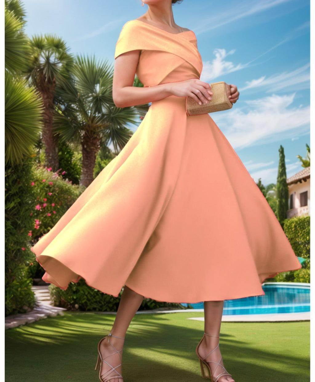A-Line Tea Length Satin Prom Dress CS0455