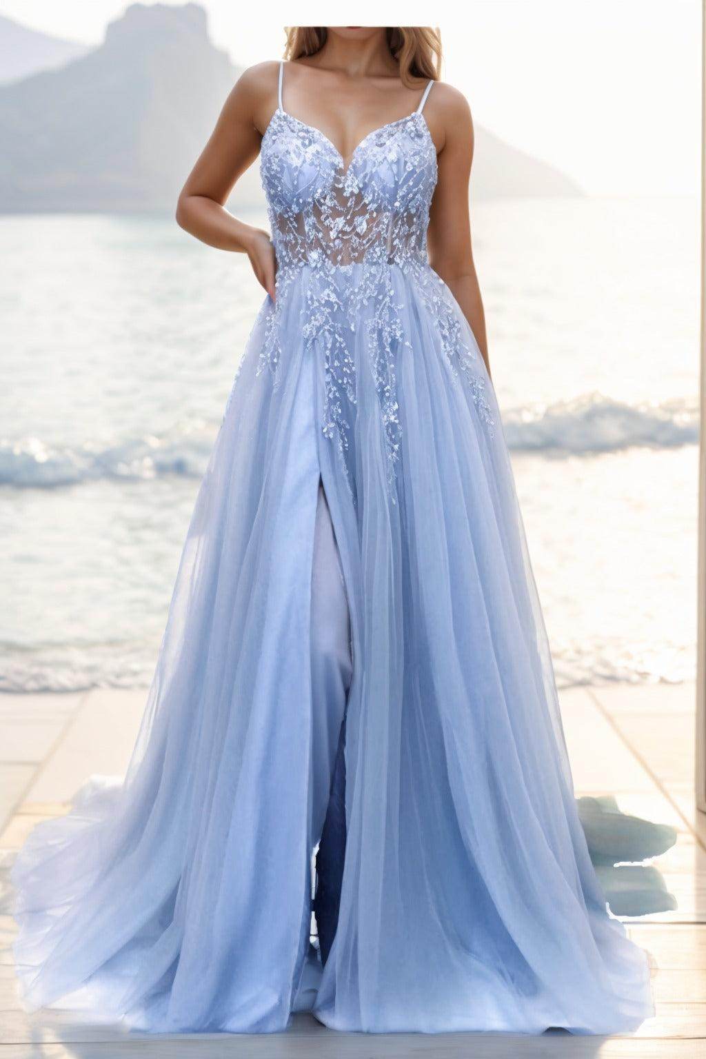 A-line Sweep-Brush Train Tulle Prom Dress CS0402