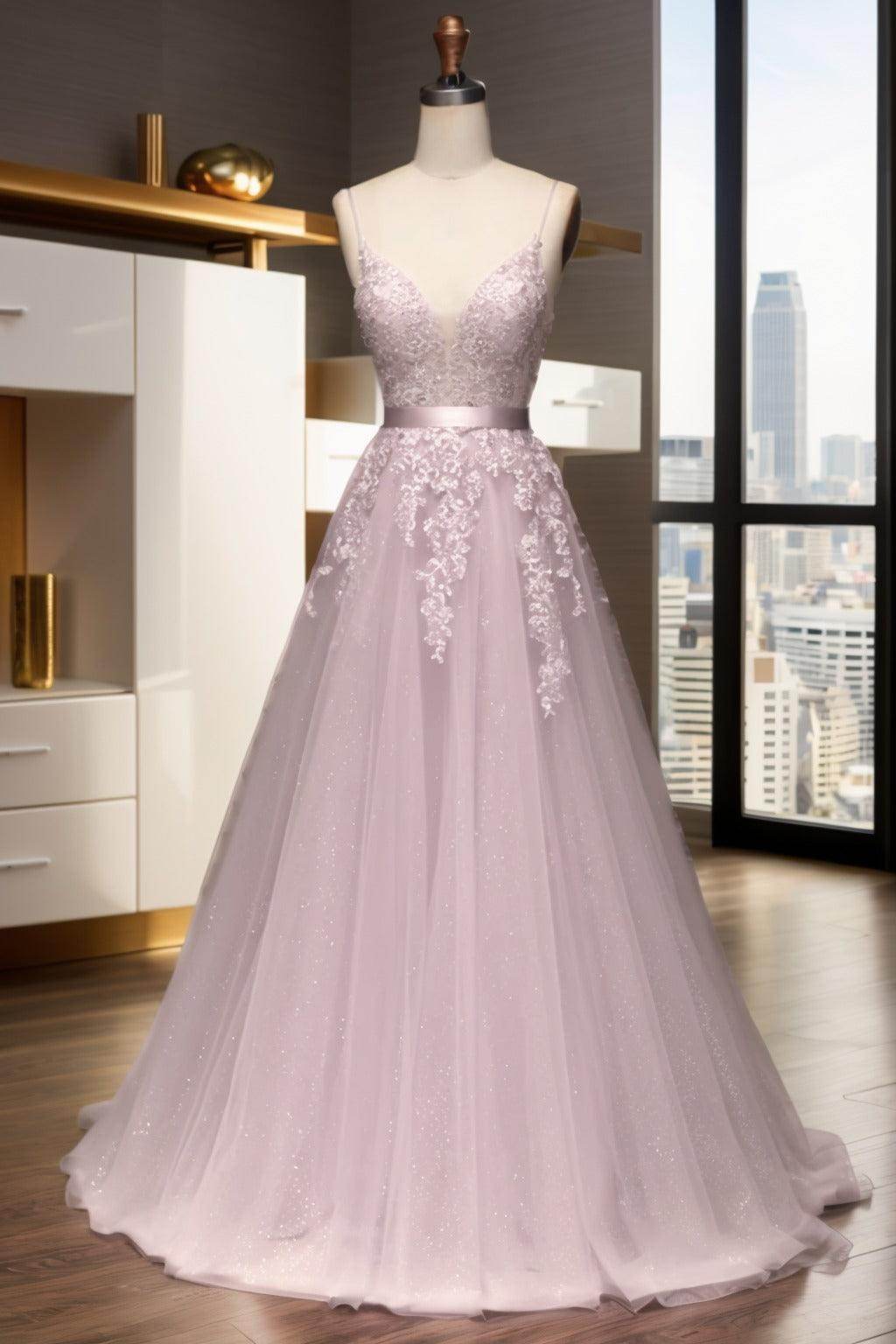 A-Line Sweep-Brush Train Tulle Prom Dress CS0464