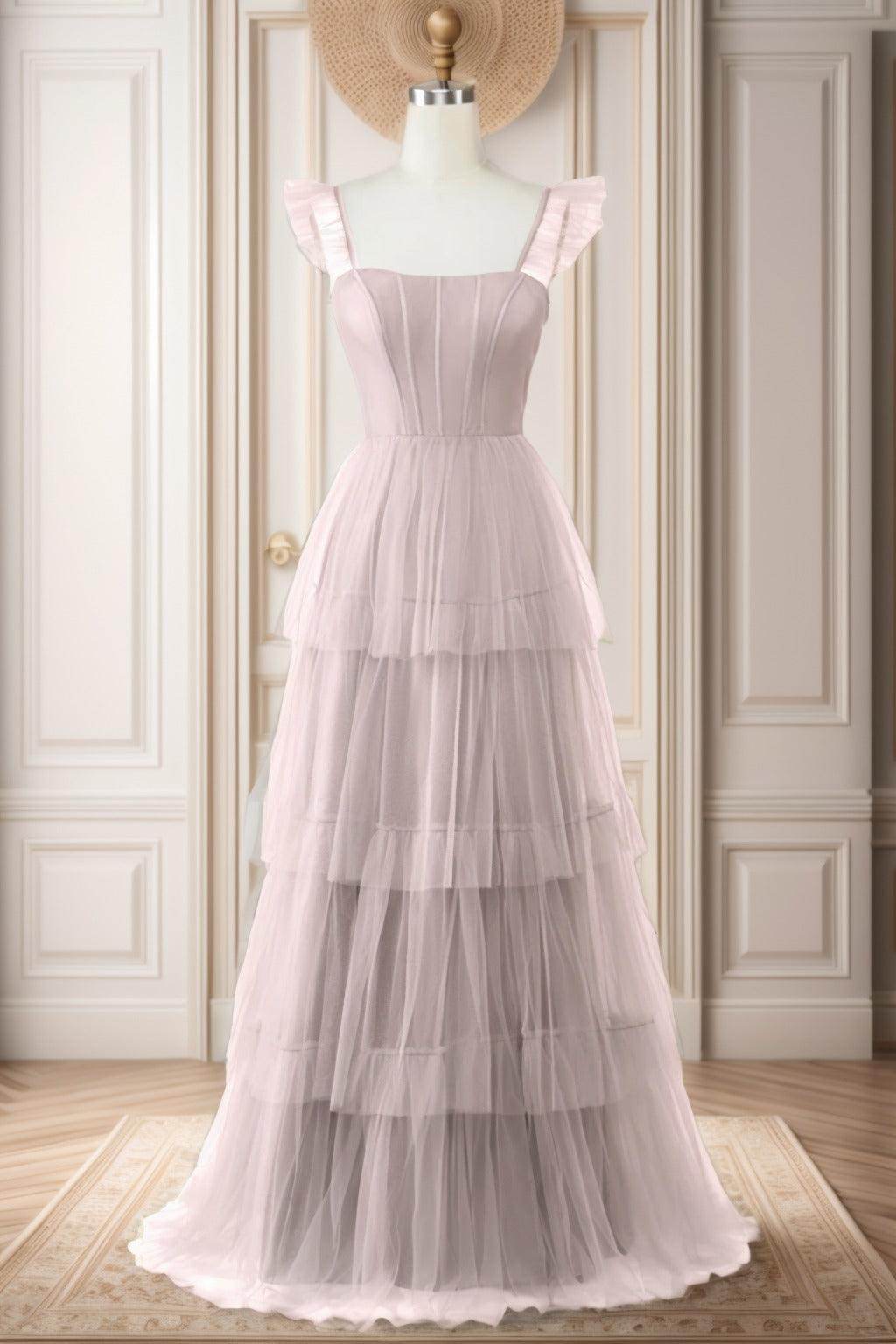 A-Line Sweep-Brush Train Tulle Prom Dress CS0471