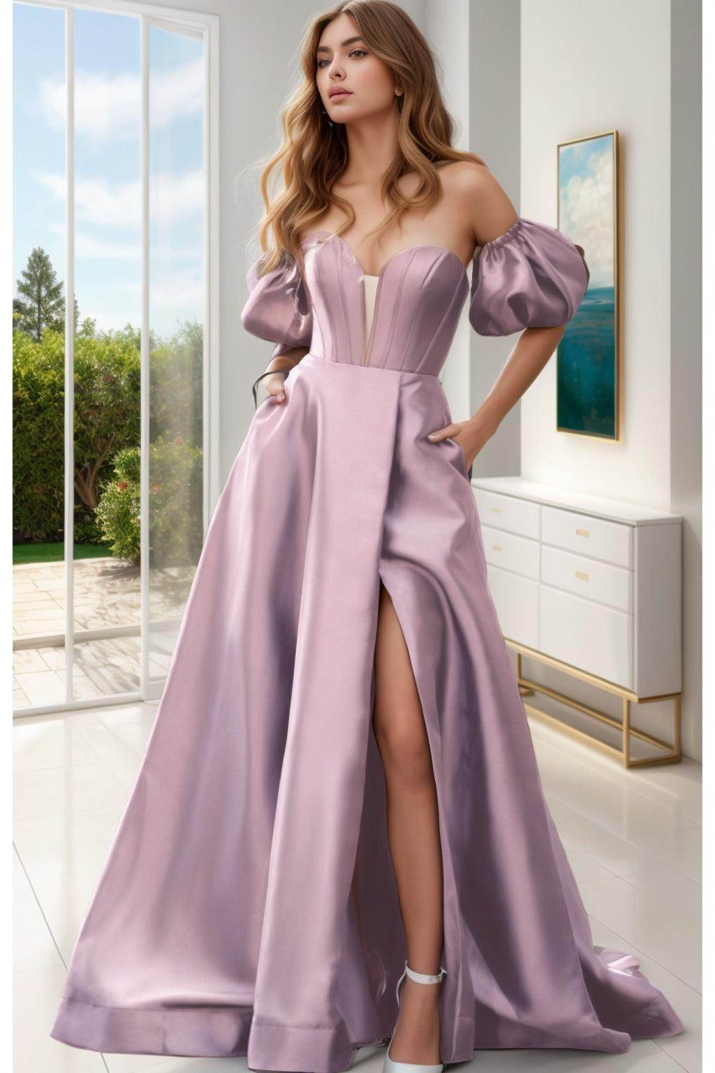 A-Line Sweep-Brush Train Satin Prom Dress CS0448