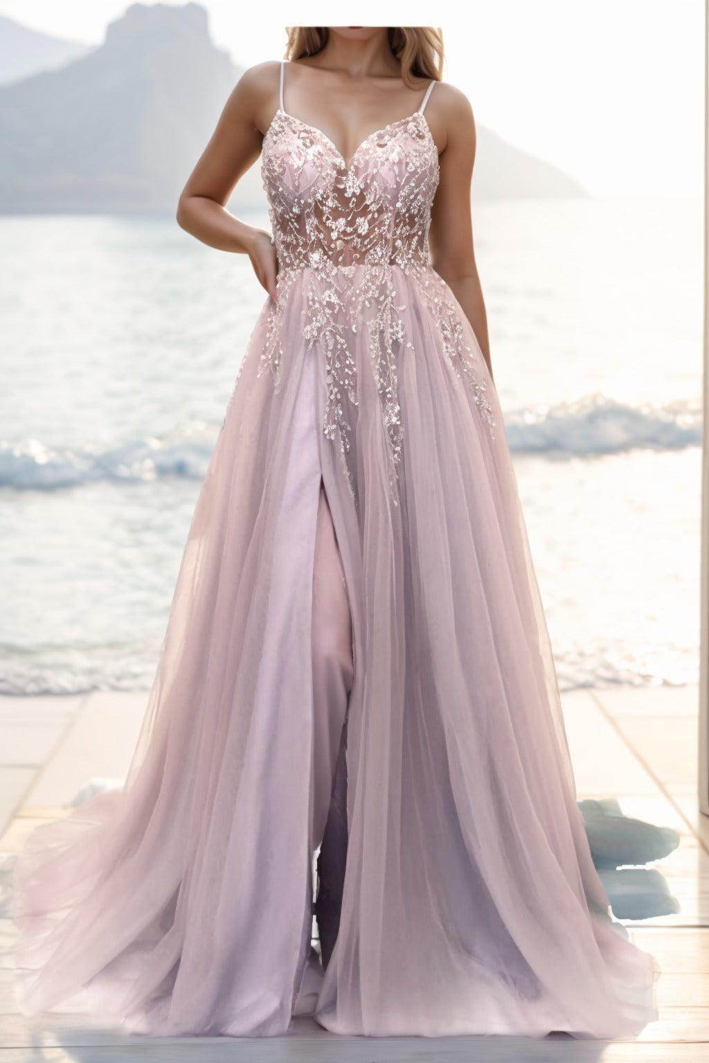 A-line Sweep-Brush Train Tulle Prom Dress CS0402