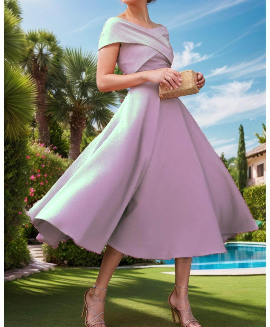 A-Line Tea Length Satin Prom Dress CS0455
