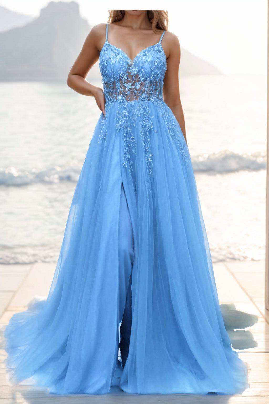 A-line Sweep-Brush Train Tulle Prom Dress CS0402