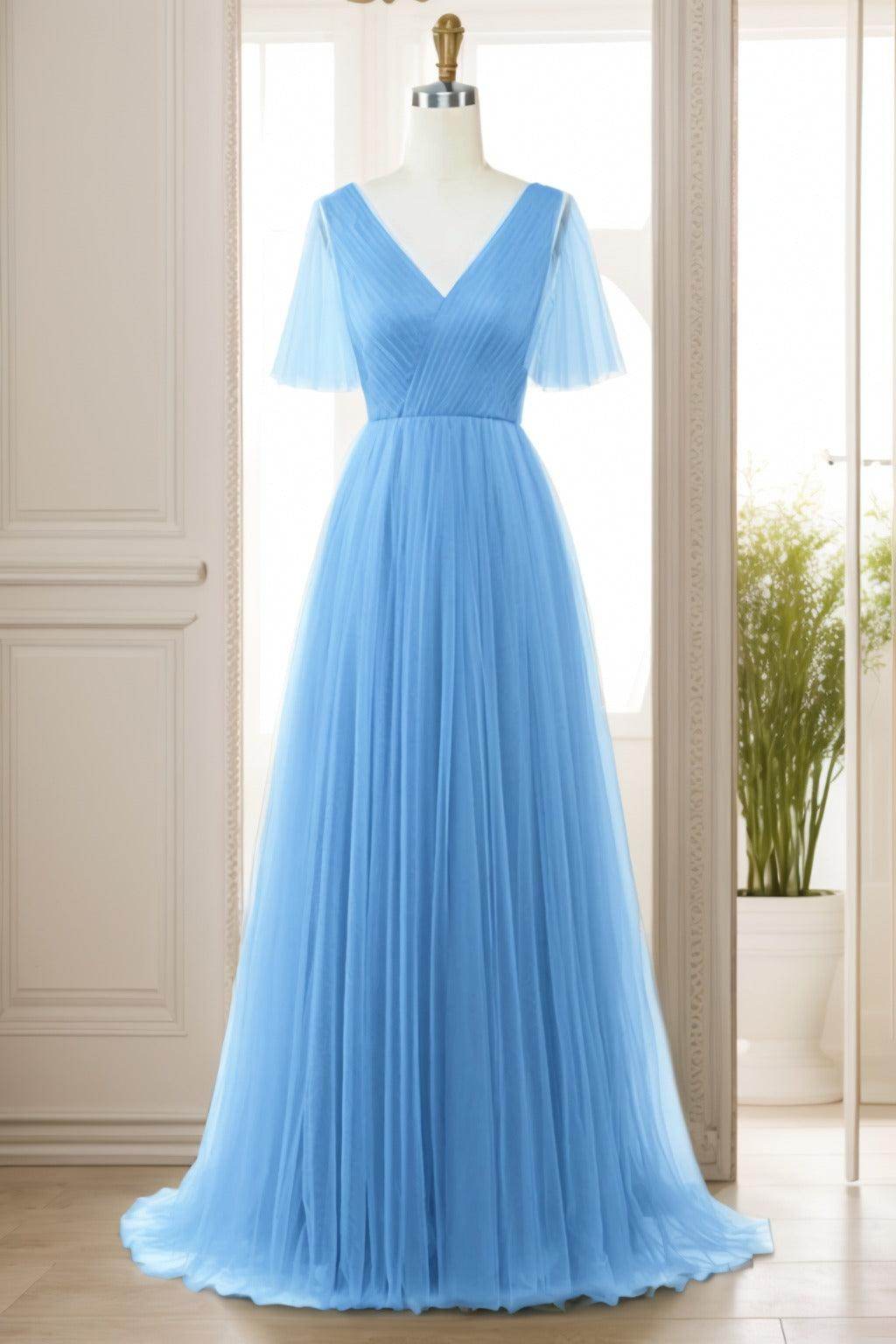 A-Line Sweep-Brush Train Tulle Prom Dress CS0472