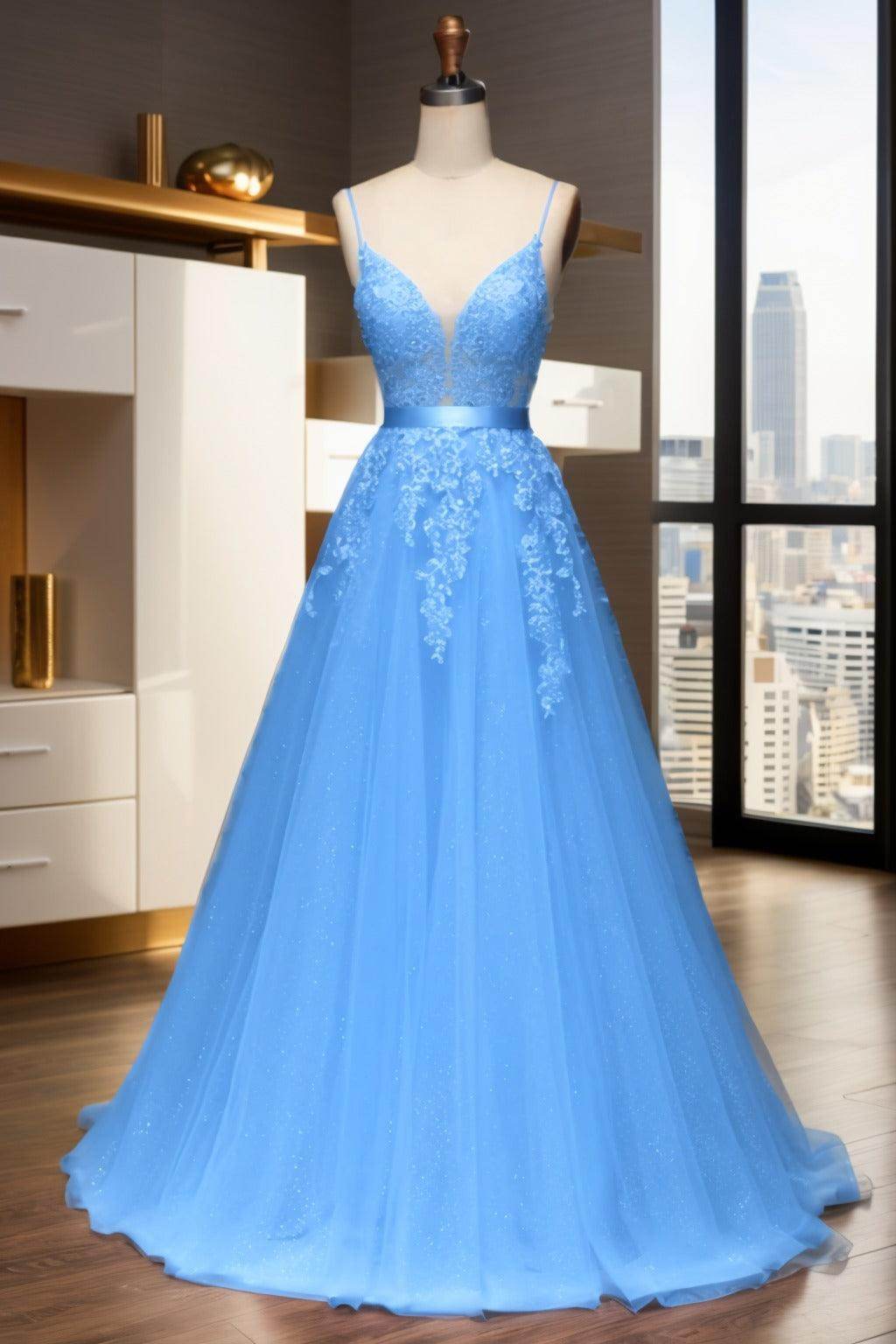 A-Line Sweep-Brush Train Tulle Prom Dress CS0464