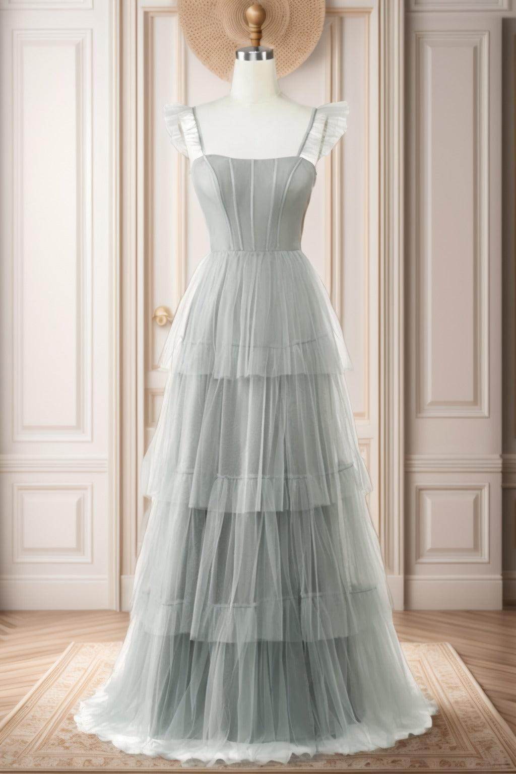 A-Line Sweep-Brush Train Tulle Prom Dress CS0471